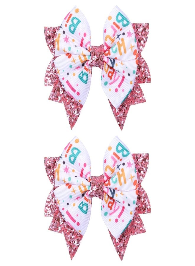 KCHIES 3.5" Birthday Bow Hair Clips for Girls 1 2 3 4 5 6 Years Glitter Pink Ribbon Bowknot Barrettes Alligator Pins for Teens ToddlerKids Happy Birthday Party Dress Decor Accessories Gift - Image 1